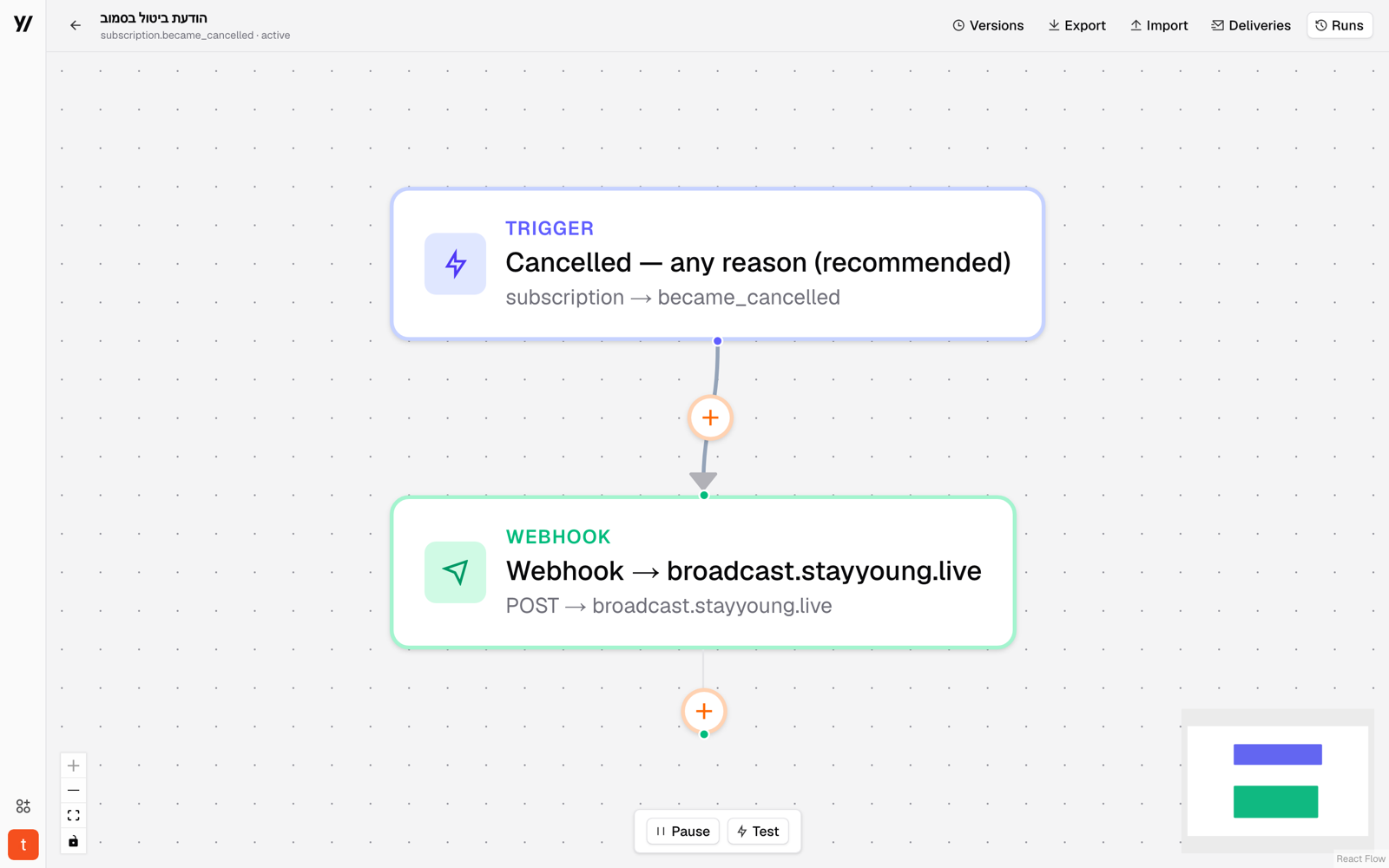 StayYoung platform — the automation builder: a visual trigger → webhook → exit workflow on a flow canvas
