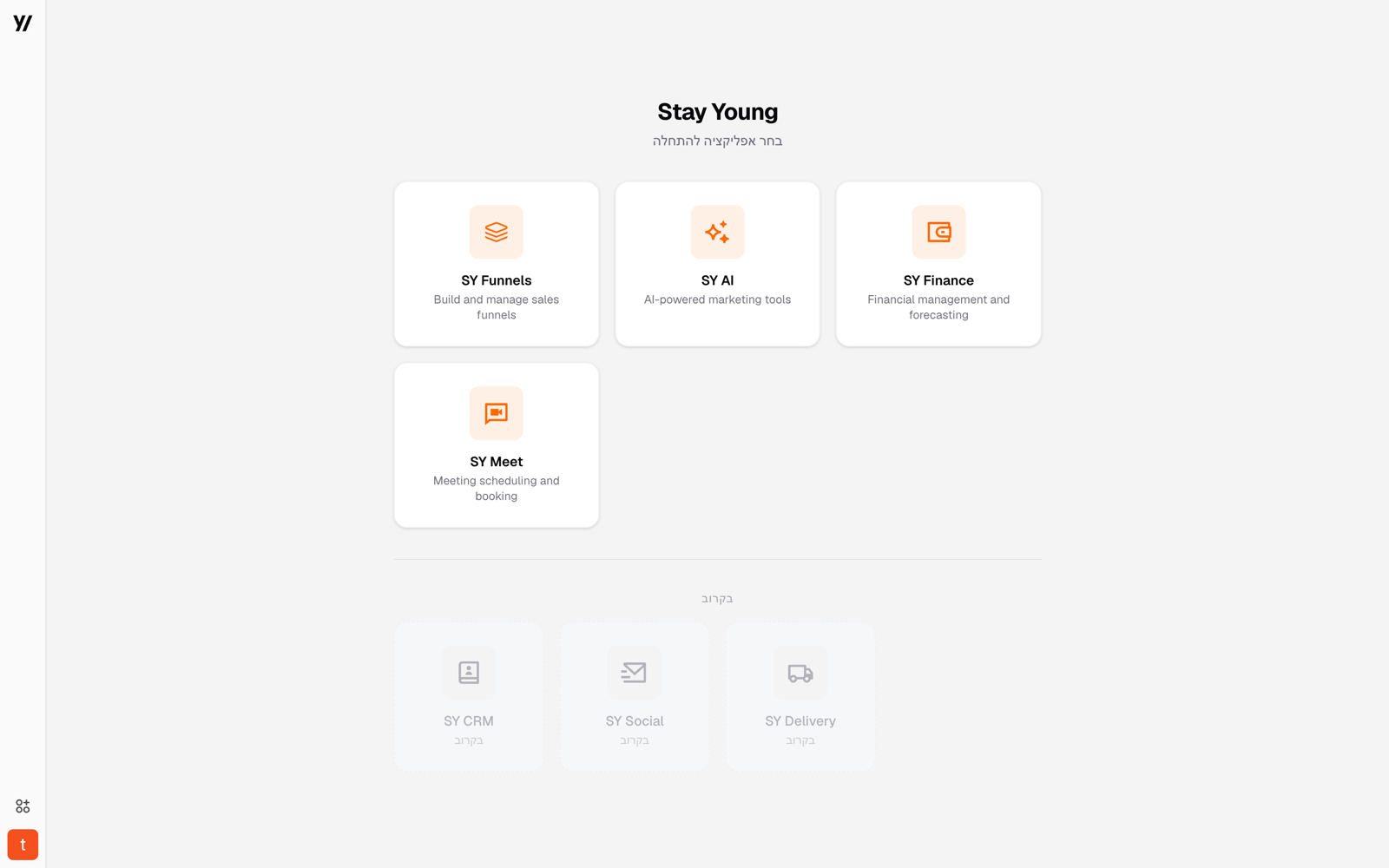 StayYoung platform — the app suite: funnels, AI, finance, and bookings in one place